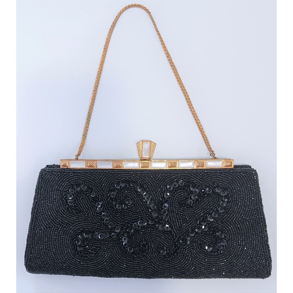 Vintage Bonnie's Hong Kong Black Beaded Evening Bag Purse